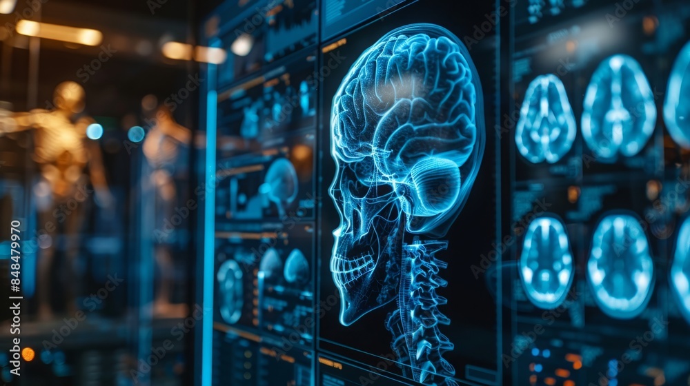 Fototapeta premium computed tomography of the human brain, black and blue images. people and health. medical examination.