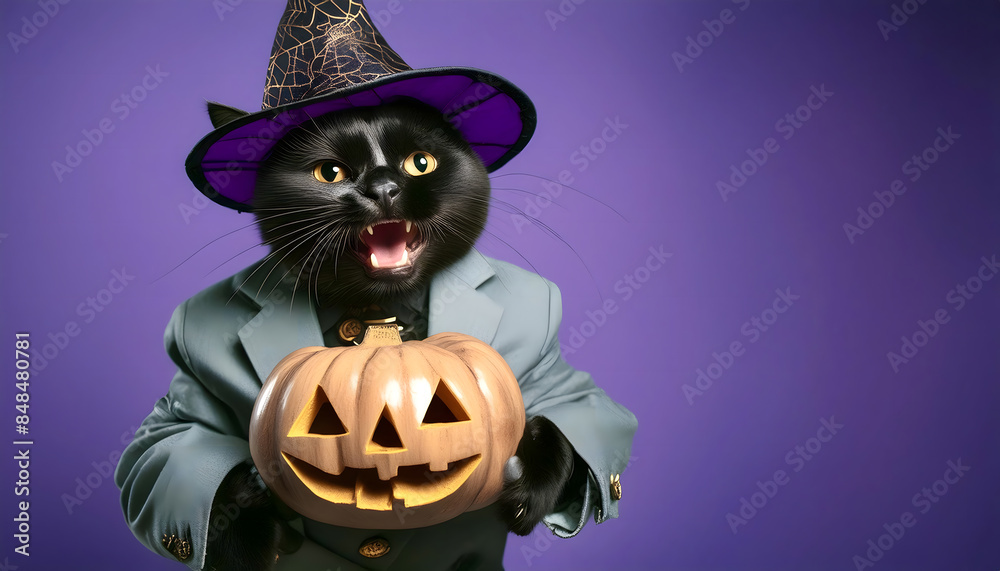 schwarze, katze, Halloween, neu, im, jute, mantel, kürbis, haltend, hecenhut, kostüm, clean, reklame, lila, violett, vibrant, farbe, hintergrund, schwarz, tier, Kater, oktober, copy space, party, 3d, schwarze, katze, Halloween, neu, im, jute, mantel, kürbis, haltend, hecenhut, kostüm, clean, reklame, lila, violett, vibrant, farbe, hintergrund, schwarz, tier, Kater, oktober, copy space, party, 3d,