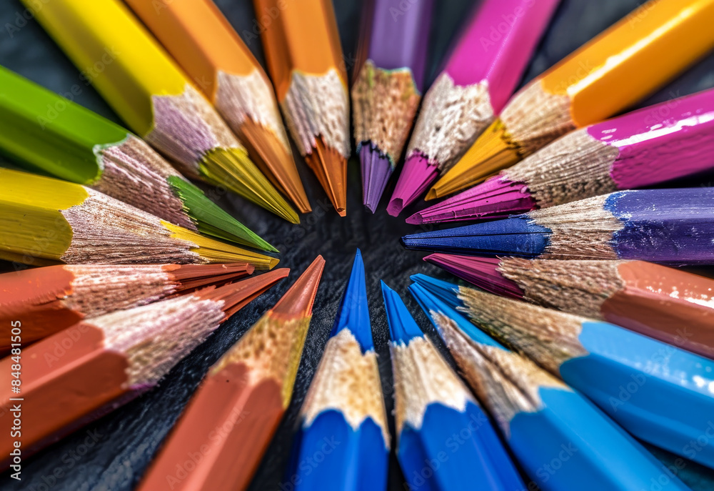 Naklejka premium Colored pencils in circle on black background