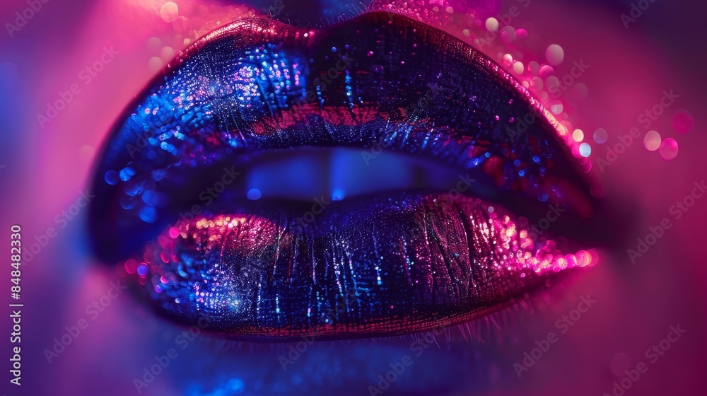 Close-Up Of Glittery Lips Under Neon Lights Close-Up Of Glittery Lips Under Neon Lights