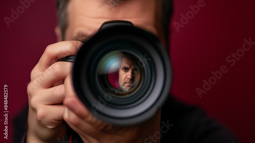 A photographer is taking a picture of himself. The camera is in focus, and the photographer's face is reflected in the lens. © Farm