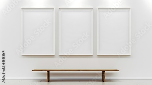 Three white frames on a pristine white wall, under subtle lighting, with a wooden museum bench.