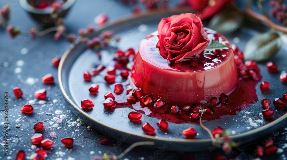 Plated Vegan Pomegranate Panna Cotta Rose Dessert with Pomegranate Seed Decorations Plated Vegan Pomegranate Panna Cotta Rose Dessert with Pomegranate Seed Decorations