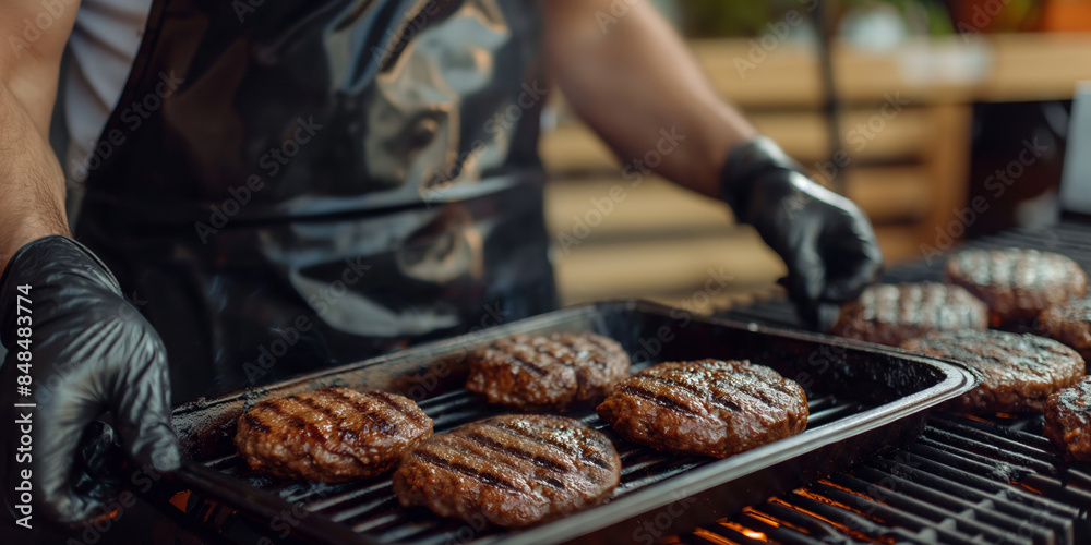 Φωτογραφία Close-up of chef in apron with tray of fried hamburger patties at barbecue grill