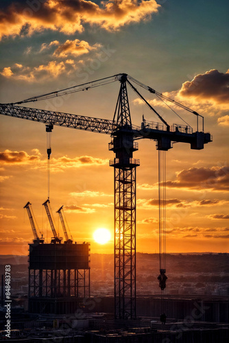 Silhouette of industry crane on creation site house building at sunset, aerial view. Industrial crane on construction site. Construction and renovation of buildings concept. Copy ad text space, poster