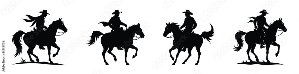 Silhouette of Four Cowboys Riding Horses in Action Set - Classic Western Scene Silhouette of Four Cowboys Riding Horses in Action Set - Classic Western Scene