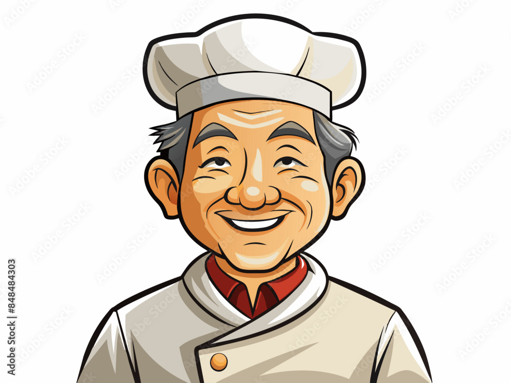 Elderly Asian male chef wearing a white hat and chef uniform, isolated on white background. Smiling man cook. Concept of cooking, kitchen, and culinary arts. Print, logo, design element Elderly Asian male chef wearing a white hat and chef uniform, isolated on white background. Smiling man cook. Concept of cooking, kitchen, and culinary arts. Print, logo, design element