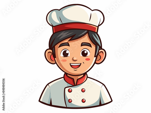 Young Asian male chef wearing a white hat and chef uniform, isolated on white background. Smiling man cook. Concept of cooking, kitchen, and culinary arts. Print, logo, design element