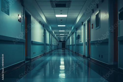 Wallpaper Mural Long empty hospital hallway with blue walls and shiny floor Torontodigital.ca