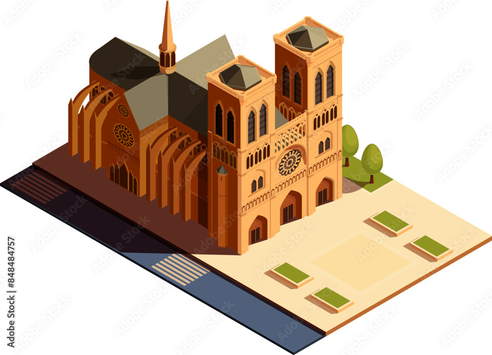Fotografie isometric notre dame in paris with square, vector illustration