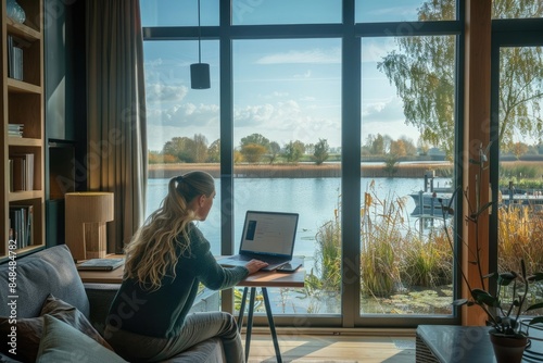 Photo of a modern young woman sitting by the window and working on her laptop in her house near a lake, with an outside view through a panoramic glass wall.