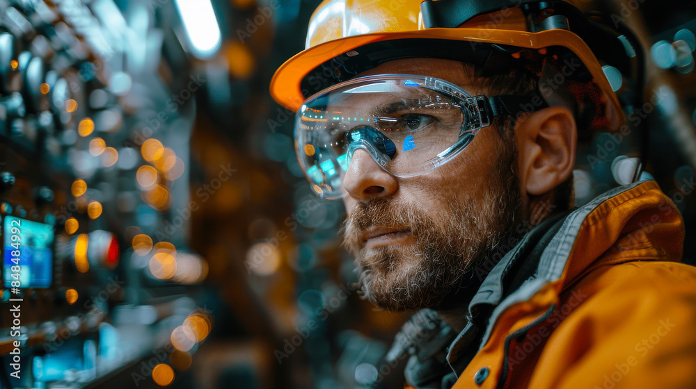 An engineer in a high-tech environment using augmented reality goggles to inspect machinery. The focused expression and modern equipment highlight the integration of AR in engineering.