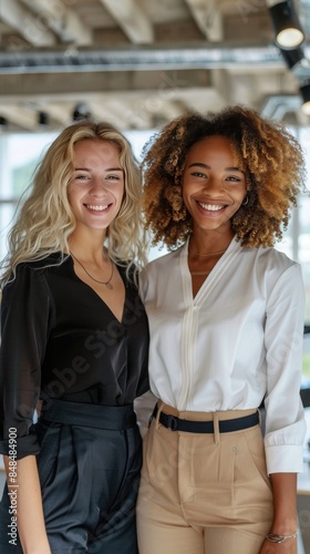 Two Beautiful Blonde Caucasian and Curly African Businesswomen Are Happy Looking At The Camera While Standing In The Office