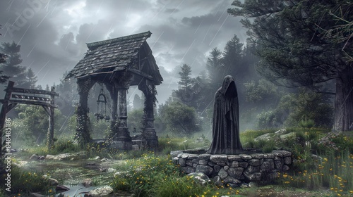 Dark figure in cloak near well against ominous backdrop, horror, fantasy, evil.