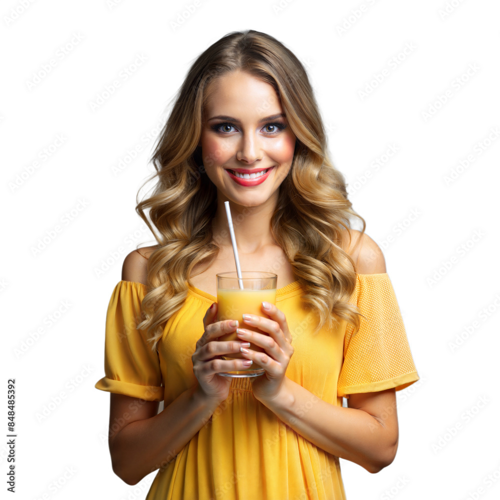 Smiling woman with orange juice on transparent background Smiling woman with orange juice on transparent background