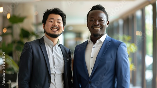 portrait of Two Asian and African Businessmen Happy posing looking at the camera while standing in the office