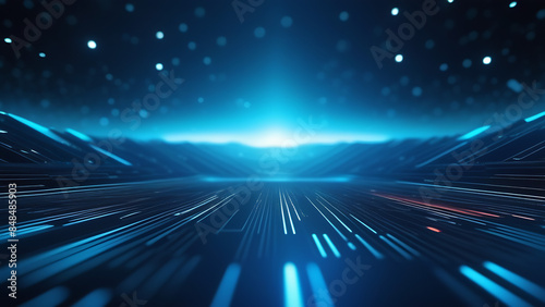 Virtual cyberspace with a shining light on the horizon at the end of the tunnel. Concept digital and technology