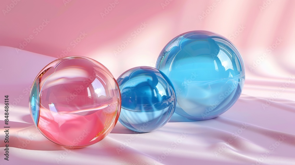 Three Glass Balls on Pink Fabric Three Glass Balls on Pink Fabric