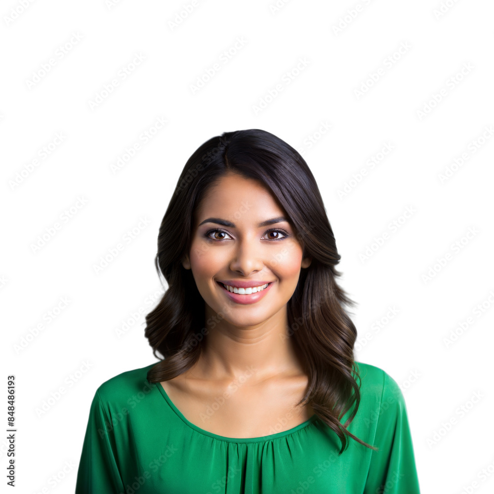Smiling woman with green shirt on transparent background Smiling woman with green shirt on transparent background