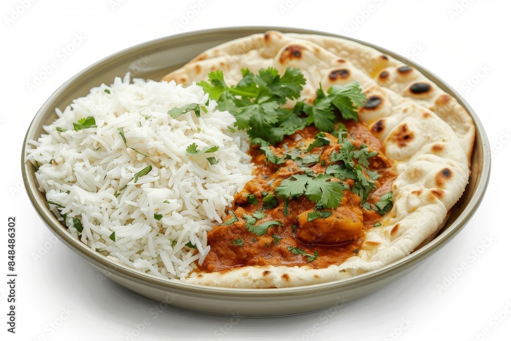 A serving of chicken tikka masala accompanied by basmati rice and naan bread, white background A serving of chicken tikka masala accompanied by basmati rice and naan bread, white background
