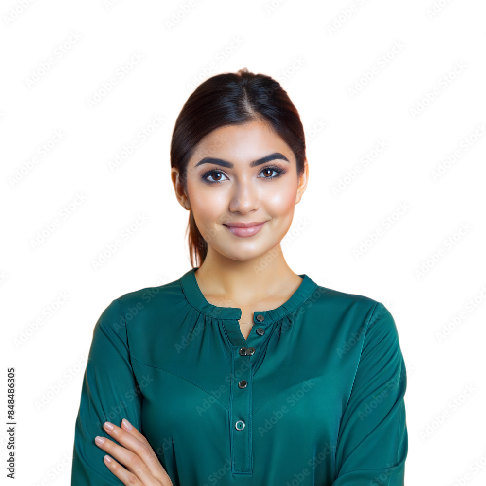 Confident young woman smiling with arms crossed on transparent background Confident young woman smiling with arms crossed on transparent background