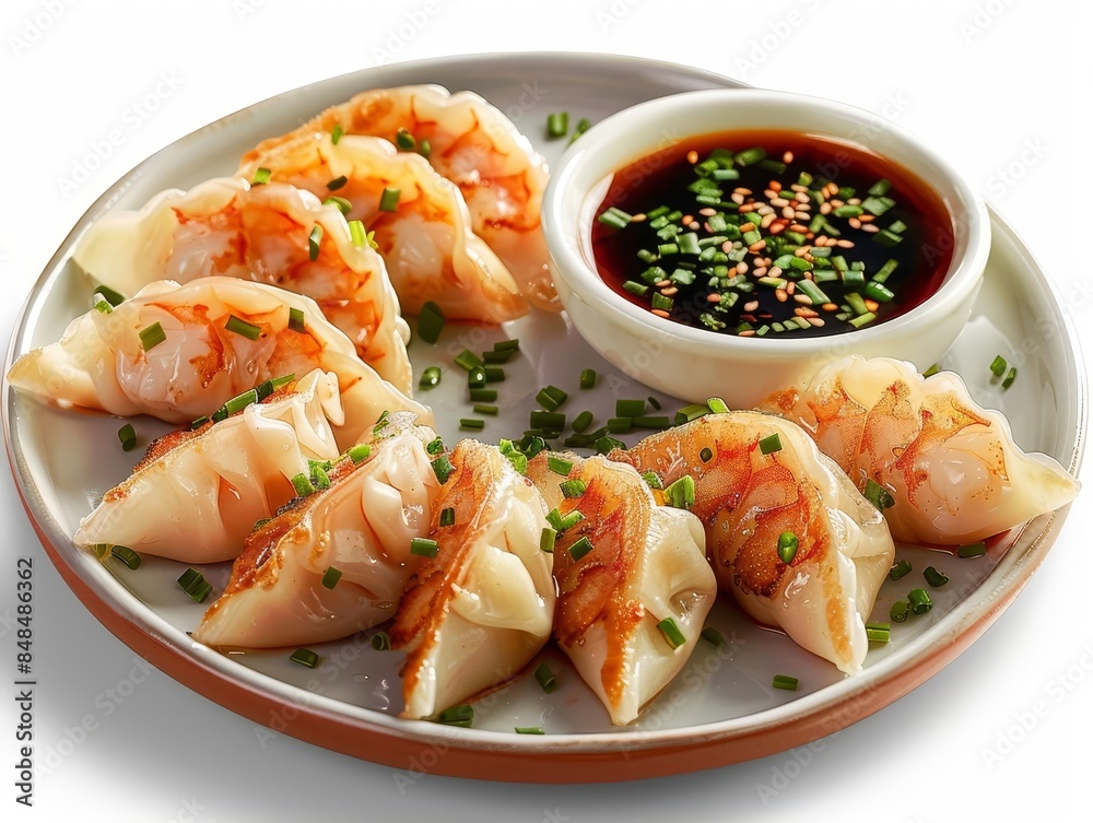 A serving of steamed gyoza with a delicate wrapper, white background