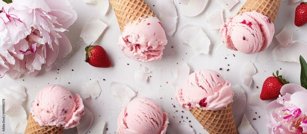 Top down view of pink strawberry and coconut ice cream scoops, cones of sweetness, and a bunch of peony flowers on a white backdrop, perfect for summer vibes Top down view of pink strawberry and coconut ice cream scoops, cones of sweetness, and a bunch of peony flowers on a white backdrop, perfect for summer vibes