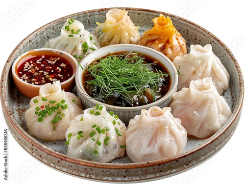 A serving of dim sum with an assortment of dumplings, white background