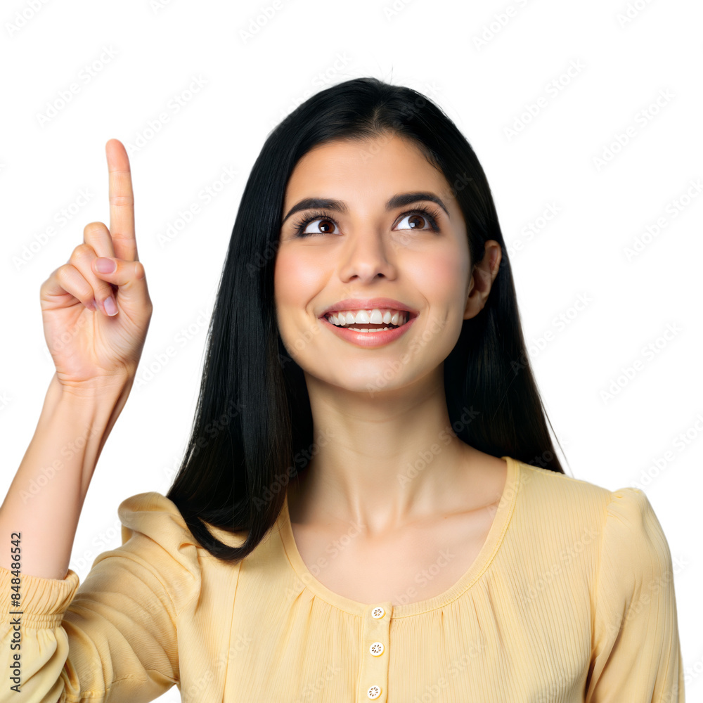 Smiling woman pointing upward on transparent background Smiling woman pointing upward on transparent background