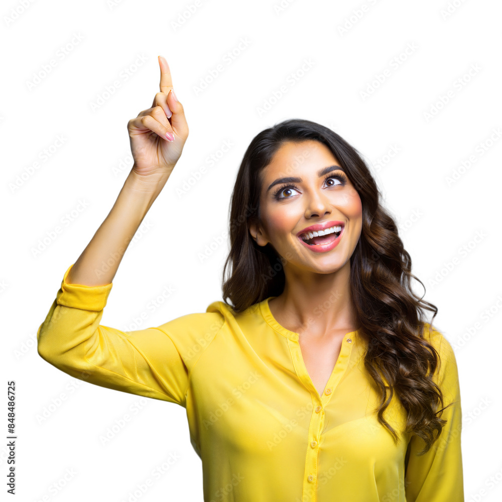 Cheerful woman pointing up on a transparent background Cheerful woman pointing up on a transparent background