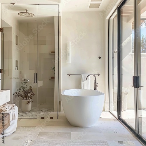 Contemporary Bathroom with an open Layout. New design of modern living. Style. Freestanding Bathtube.