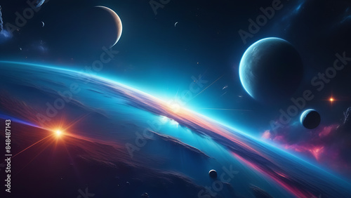 A fantastic cosmic landscape with planets and colorful galaxies and a space to copy