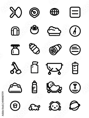 A collection of icons for various items, including a bottle, a bowl, a cup