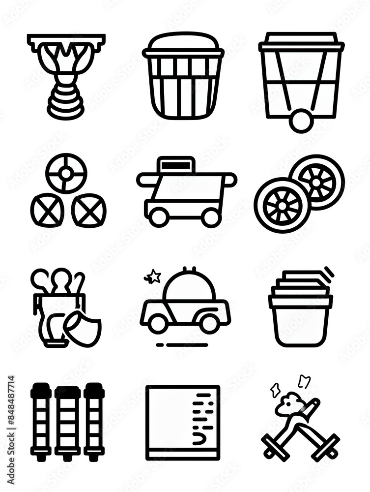 A collection of icons including a book, a car, a fork, a knife, a spoon, a bowl A collection of icons including a book, a car, a fork, a knife, a spoon, a bowl