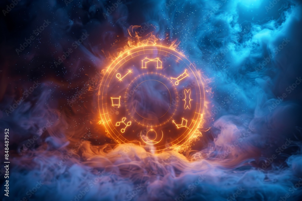 Obraz premium Zodiac Wheel Burning With Orange Flames Surrounded By Blue and Orange Smoke background