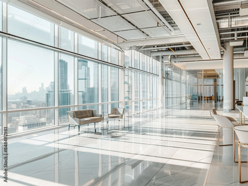 Φωτογραφία A sleek photograph of a modern office space, filled with glass walls and contemporary furniture, city skyline visible through the windows