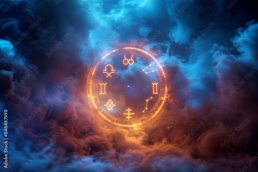 Obraz premium Zodiac Wheel Burning With Orange Flames Surrounded By Blue and Orange Smoke background