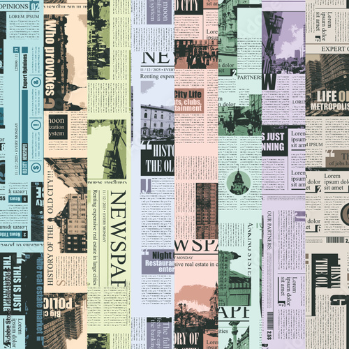seamless pattern with collage of newspaper or magazine clippings. Vector background in retro style with titles, illustrations and imitation of text. Suitable for wallpaper, wrapping paper, fabric