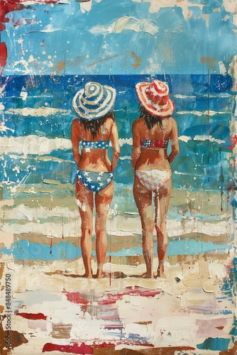 Two Women in Fourth of July Swimsuits Bikinis Sun Hats Red White Blue America United States USA Sunny Beach Swimming Swim