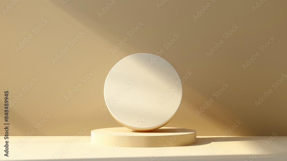 Minimalistic banner with round podium on beige wall background Minimalistic banner with round podium on beige wall background