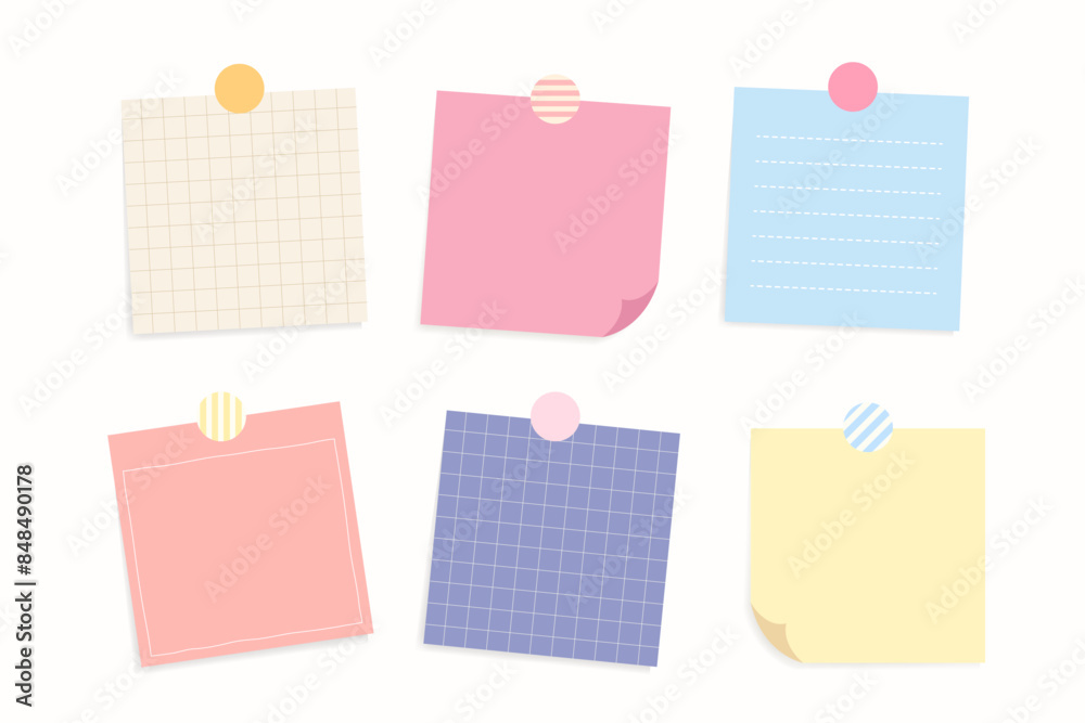 Bundle of pastel cute colorful paper note. Blank sticky note for message. Piece of different colored memo note template for reminder, announcement, advertising, information. Flat vector illustration. Bundle of pastel cute colorful paper note. Blank sticky note for message. Piece of different colored memo note template for reminder, announcement, advertising, information. Flat vector illustration.