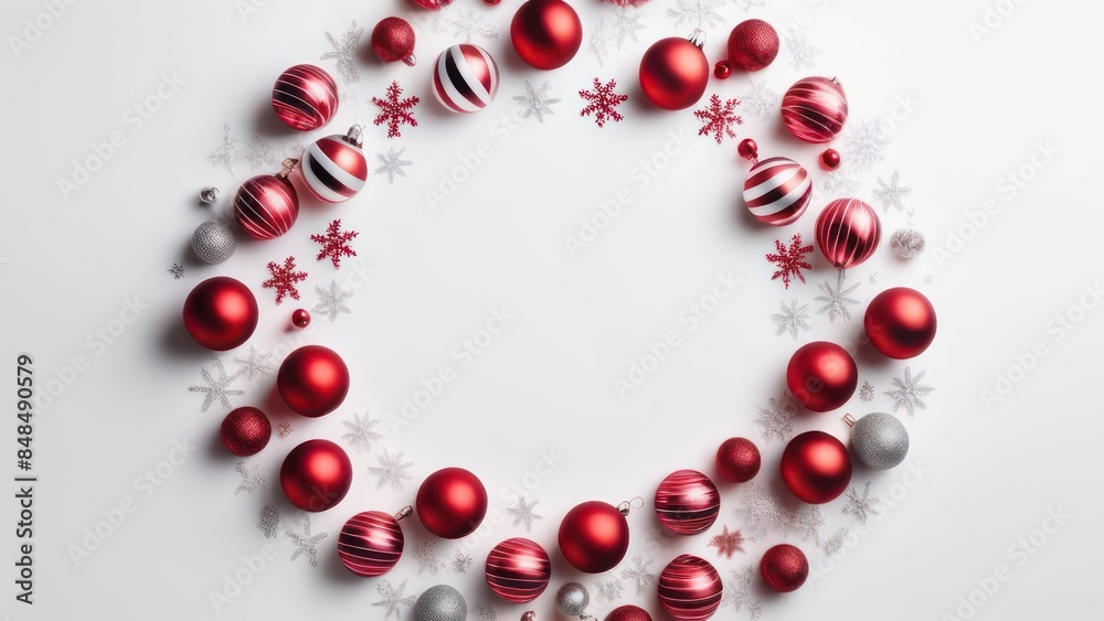 Obraz premium Christmas holiday composition. Festive creative pattern in shape of circle free space for an inscription, christmas colorful decor, festive balls and snowflakes on white background. Flat lay, top view