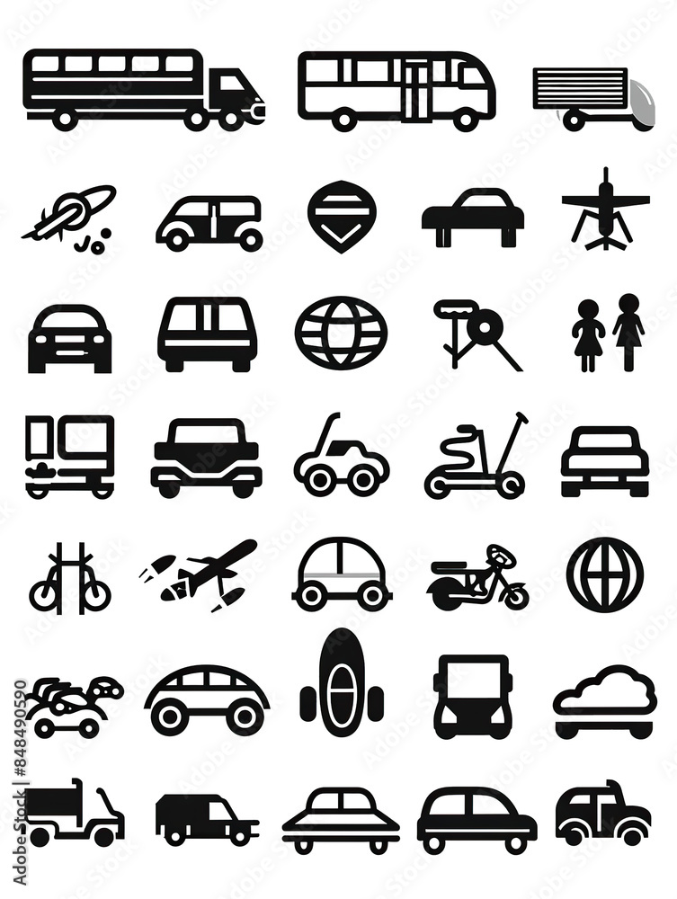 A set of black and white icons of various vehicles, including cars, buses A set of black and white icons of various vehicles, including cars, buses