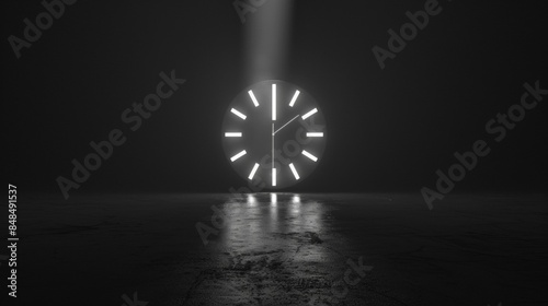 A clock with the hands at 3 and 9 is lit up in a dark room photo