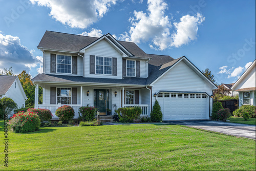A white, two-story house with a green door and an attached garage in a suburban neighborhood. The house has a large front yard with green grass and shrubs.