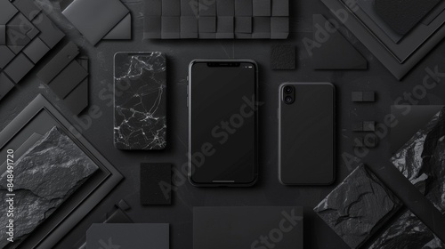 A black and white photo of a phone and a tablet with a marble background