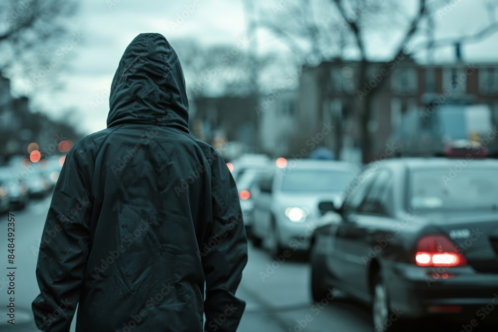 City Thug in Hoodie Observing Streets in Daylight - Crime delinquency and Insecurity City Thug in Hoodie Observing Streets in Daylight - Crime delinquency and Insecurity
