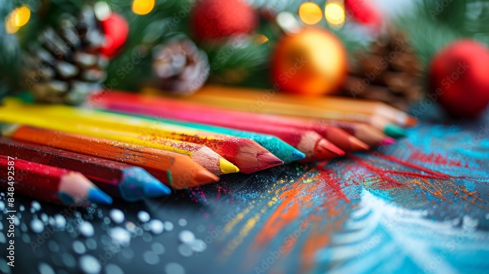 Fototapeta premium Colorful pencils with christmas decorations and pinecones