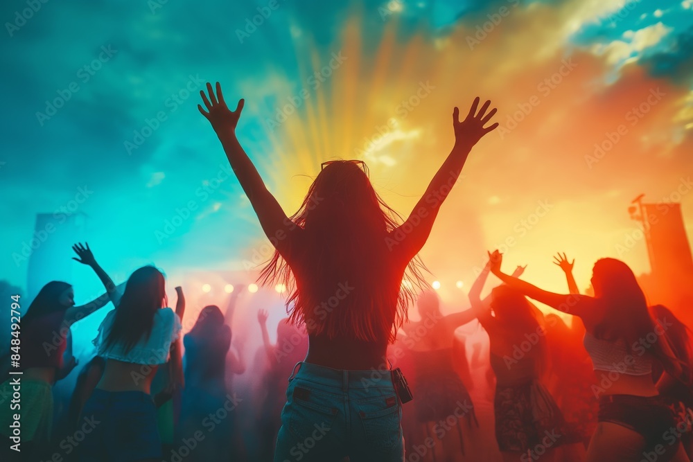 Joyful young people dancing at a music festival. A vibrant and energetic scene conveying celebration, youth, and community. Ideal for marketing, event promotion, and lifestyle editorials. Joyful young people dancing at a music festival. A vibrant and energetic scene conveying celebration, youth, and community. Ideal for marketing, event promotion, and lifestyle editorials.