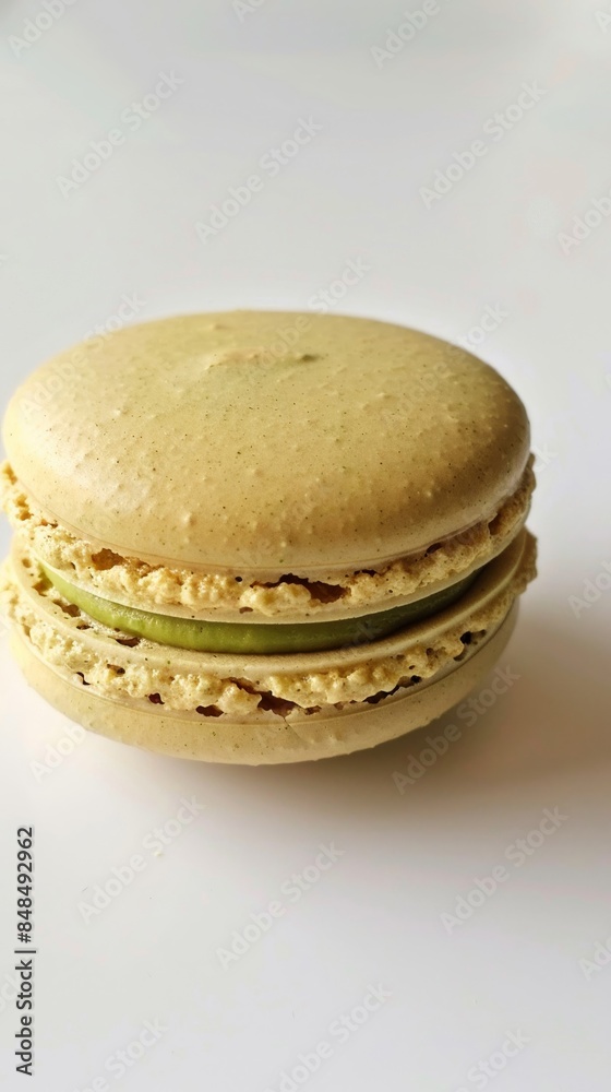 Pistachio macaron with a smooth filling, set on a clean white surface, vibrant and inviting, perfect for confectionery ads Pistachio macaron with a smooth filling, set on a clean white surface, vibrant and inviting, perfect for confectionery ads